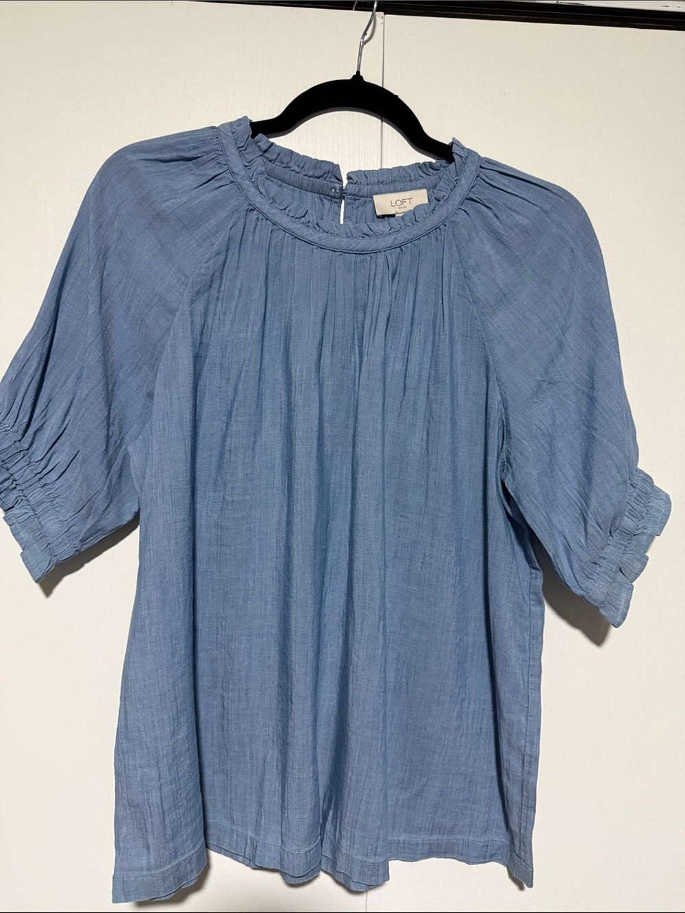 LOFT Dusty Blue Ruffle-Neck Short Sleeve Blouse